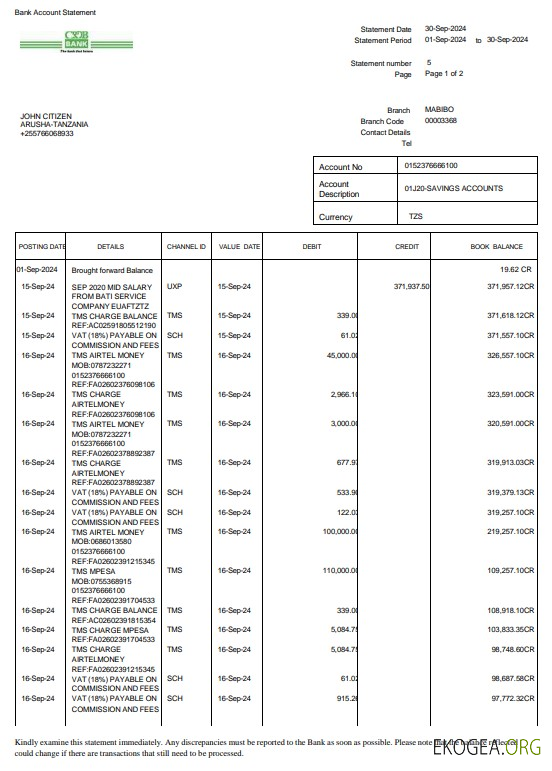 Relevé bancaire CRDB de Tanzanie 3 – 6 mois Exemple Word et PDF